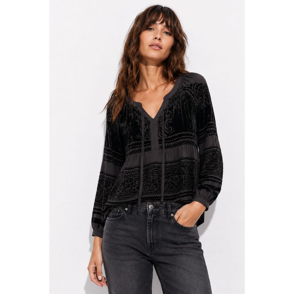 Anthropologie Daniel Rainn Black Burnout Velvet Boho Blouse Whimsygoth Top M